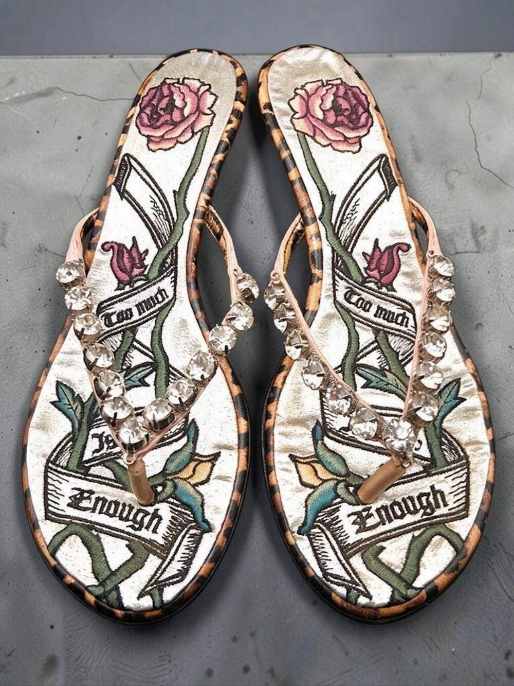 Beverly Feldman "Too Much Is Not Enough" Graphic Rhinestone Thong Sandals
